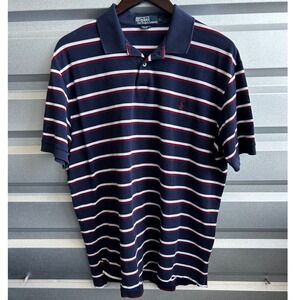 VTG Polo Ralph Lauren Striped Cotton Polo Shirt Men Large Navy Red White Preppy